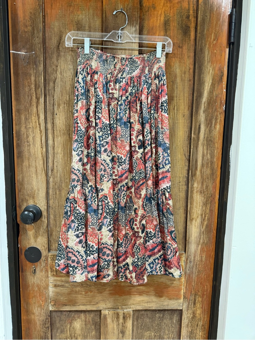 Bohemian Tiered Maxi Skirt in Coral Navy Cream